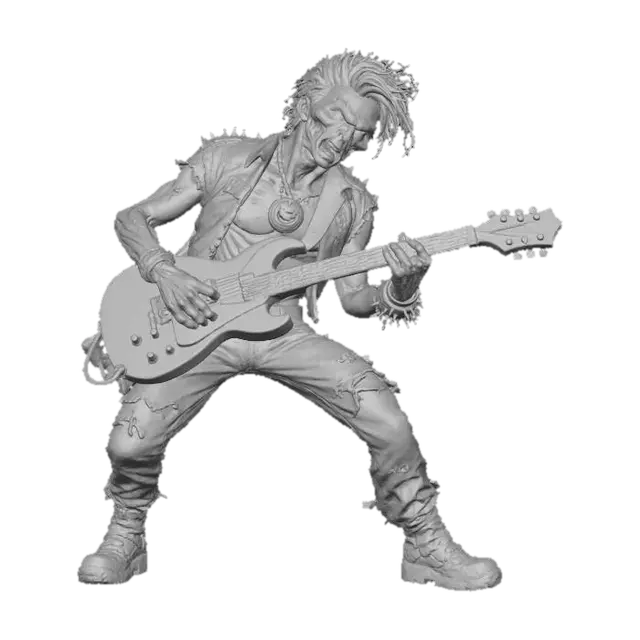 3D model for Create a hyper-detailed 3D model of a menacing undead rock mascot playing an electric guitar, pumpkin medaallion necklace, inspired by classic heavy metal album art. The character should have decaying flesh, glowing red eyes, and a crazed grin with visible teeth. His body is thin but muscular, with leathery, weathered skin and exaggerated facial features — especially the cheekbones and jawline. Style the character’s hair as wild and stringy, like a horror movie ghoul. He should wear tattered jeans, combat boots, and a ripped shirt or jacket with metal-studded accessories. The overall tone should feel rebellious, intense, and energetic, as if he’s the embodiment of heavy metal music. Use dramatic lighting, strong contrasts, and a gritty, hand-painted texture style, #Halloween2025#