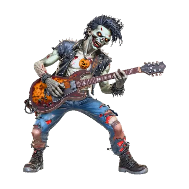 3D model for Create a hyper-detailed 3D model of a menacing undead rock mascot playing an electric guitar, pumpkin medaallion necklace, inspired by classic heavy metal album art. The character should have decaying flesh, glowing red eyes, and a crazed grin with visible teeth. His body is thin but muscular, with leathery, weathered skin and exaggerated facial features — especially the cheekbones and jawline. Style the character’s hair as wild and stringy, like a horror movie ghoul. He should wear tattered jeans, combat boots, and a ripped shirt or jacket with metal-studded accessories. The overall tone should feel rebellious, intense, and energetic, as if he’s the embodiment of heavy metal music. Use dramatic lighting, strong contrasts, and a gritty, hand-painted texture style, #Halloween2025#