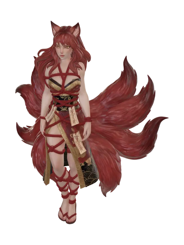 shibari wrapped red head kitsune 3D model, vytvořený pomocí AI