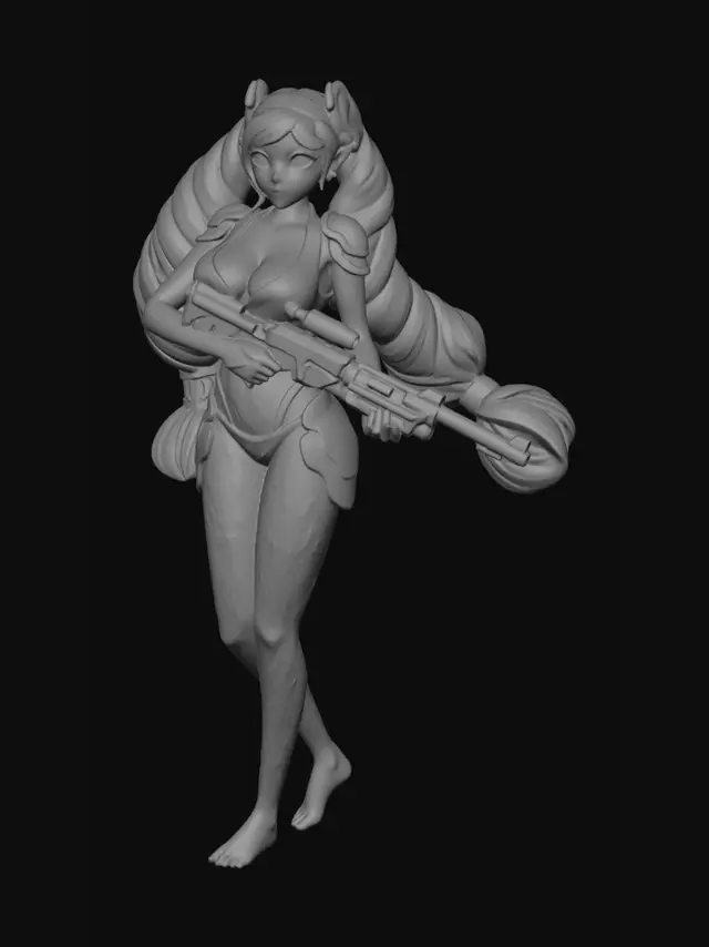 3D model for bikini Standing holding laser rifle