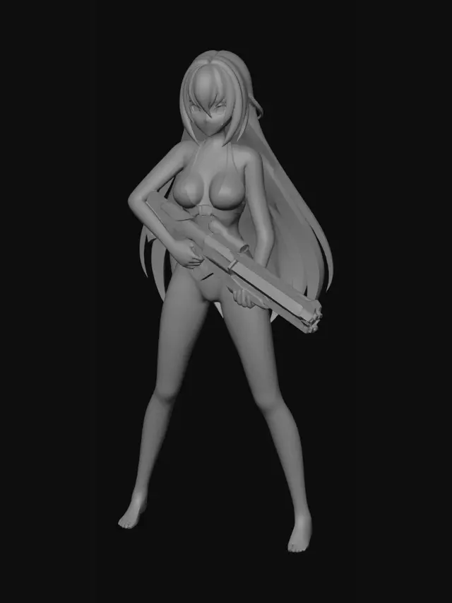 3D model for skimpy swimsuit, Standing, holding laser rifle
