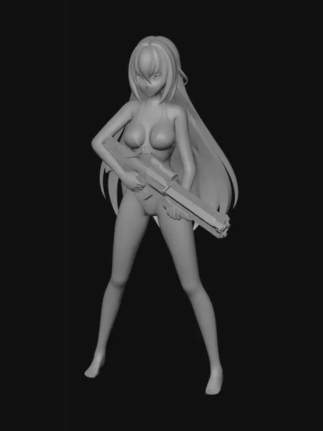 3D model for skimpy swimsuit, Standing, holding laser rifle