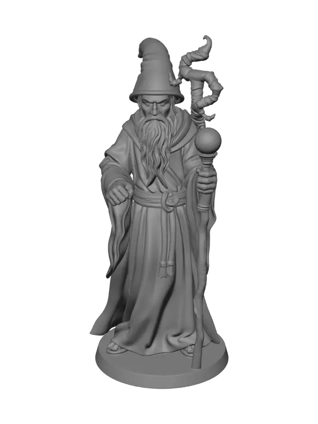 3D model for Stylized fantasy tabletop miniature of a wizard, polyhedral d20 dice-shaped head with simple carved face, wearing a long flowing robe with wide sleeves, holding a tall gnarled staff with a glowing orb on top, pointed wizard hat, chunky stocky proportions, standing on a round base, smooth surfaces for resin 3D printing