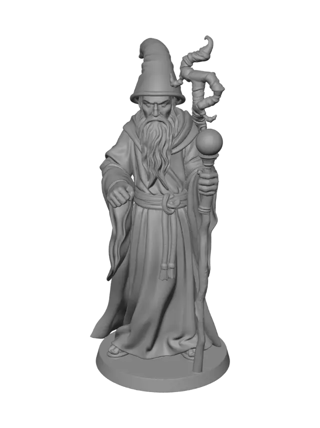 3D model for Stylized fantasy tabletop miniature of a wizard, polyhedral d20 dice-shaped head with simple carved face, wearing a long flowing robe with wide sleeves, holding a tall gnarled staff with a glowing orb on top, pointed wizard hat, chunky stocky proportions, standing on a round base, smooth surfaces for resin 3D printing