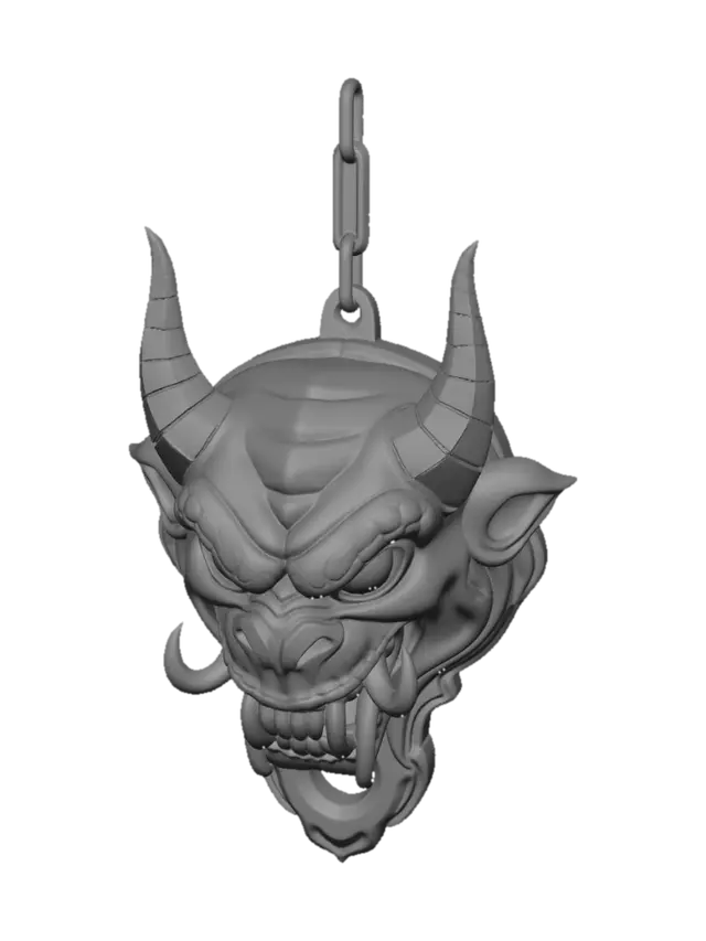 3D model for {
  "prompt": "Create a highly detailed 3D model of a decorative oni demon head. The head should feature exaggerated facial features: sharp teeth, red eyes, two ivory-colored horns and tusks, with a sculptural style in shades of blue and gray. The model must be a standalone head (without the bottle), designed as a decorative element. Include a through-hole at the top of the head to allow a rope to pass through for hanging. Target size: approximately 4–6 cm in height, proportioned to sit on top of an air freshener bottle cap. Output format: STL or OBJ suitable for 3D printing. Style: realistic sculptural texture resembling stone or ceramic.",
  "options": {
    "size": "4-6 cm height",
    "output_format": ["STL", "OBJ"],
    "style": "realistic sculptural, stone/ceramic texture",
    "colo
