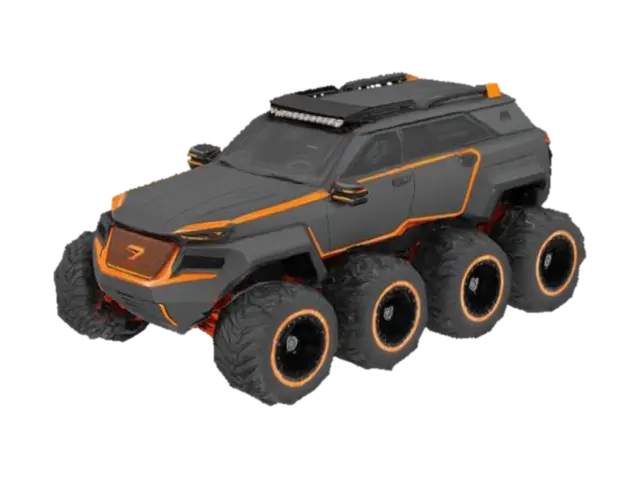 This futuristic off-road vehicle boasts an eye-catching black and bright orange… - Angular 3D model, vytvořený pomocí AI