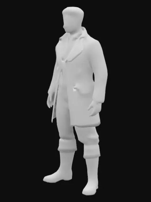 3D model for #realistic#, a high-res 3D model of a 1.79m  Symmetrical , game-ready T-Pose Standing. Ensure  arms for Mixamo rigging. The character has short hair , moustache , and wears a brown  jacket, knee-high boots, and light pants, reflecting the 1800s era. Focus on realistic attire and physique, with clear, proportional 5 fingers on each hand. Suitable for a historical game setting, 4K realism