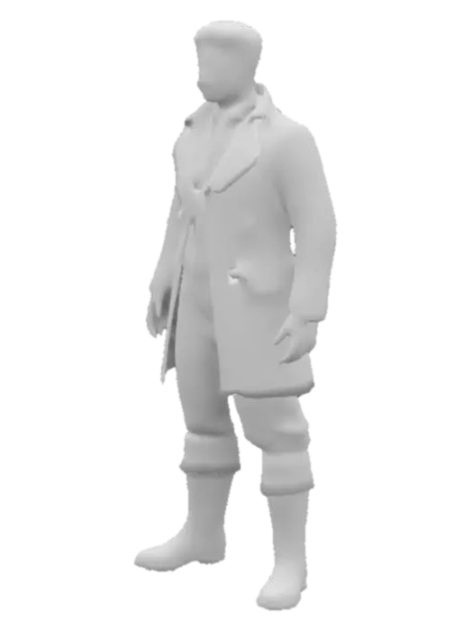 3D model for #realistic#, a high-res 3D model of a 1.79m Symmetrical , game-ready T-Pose Standing. Ensure arms for Mixamo rigging. The character has short hair , moustache , and wears a brown jacket, knee-high boots, and light pants, reflecting the 1800s era. Focus on realistic attire and physique, with clear, proportional 5 fingers on each hand. Suitable for a historical game setting, 4K realism