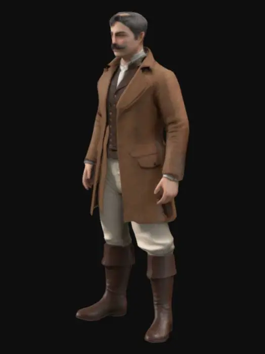 3D model for #realistic#, a high-res 3D model of a 1.79m  Symmetrical , game-ready T-Pose Standing. Ensure  arms for Mixamo rigging. The character has short hair , moustache , and wears a brown  jacket, knee-high boots, and light pants, reflecting the 1800s era. Focus on realistic attire and physique, with clear, proportional 5 fingers on each hand. Suitable for a historical game setting, 4K realism