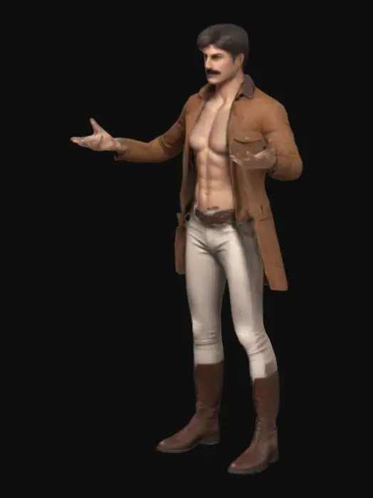 3D model for #realistic#, a high-res 3D model of a 1.79m athletic male in Symmetrical , game-ready T-Pose Standing. Ensure a toned, athletic build with defined abs and arms for Mixamo rigging. The character has short hair , moustache , and wears a brown  jacket, knee-high boots, and light pants, reflecting the 1800s era. Focus on realistic attire and physique, with clear, proportional 5 fingers on each hand. Suitable for a historical game setting, 4K realism