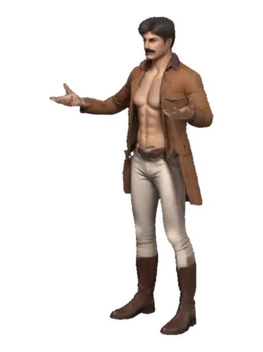 3D model for #realistic#, a high-res 3D model of a 1.79m athletic male in Symmetrical , game-ready T-Pose Standing. Ensure a toned, athletic build with defined abs and arms for Mixamo rigging. The character has short hair , moustache , and wears a brown jacket, knee-high boots, and light pants, reflecting the 1800s era. Focus on realistic attire and physique, with clear, proportional 5 fingers on each hand. Suitable for a historical game setting, 4K realism