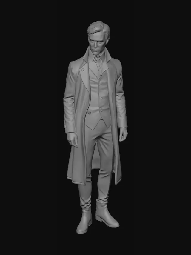 3D model for персонаж мужского пола для игры, с виду загадочное прошлое хмурый но не агресивный, кожа белая, высокий чуть худоватый вид серый и темный