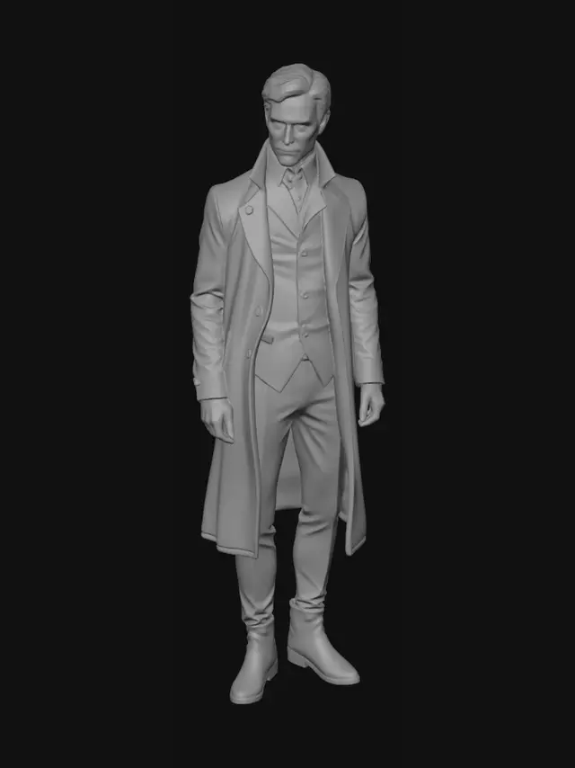 3D model for персонаж мужского пола для игры, с виду загадочное прошлое хмурый но не агресивный, кожа белая, высокий чуть худоватый вид серый и темный