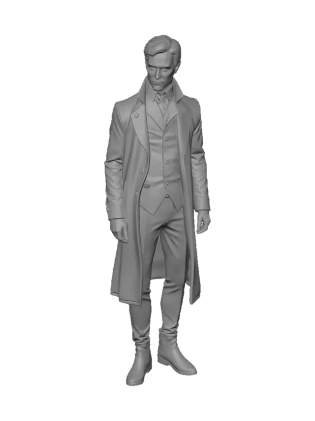 3D model for персонаж мужского пола для игры, с виду загадочное прошлое хмурый но не агресивный, кожа белая, высокий чуть худоватый вид серый и темный