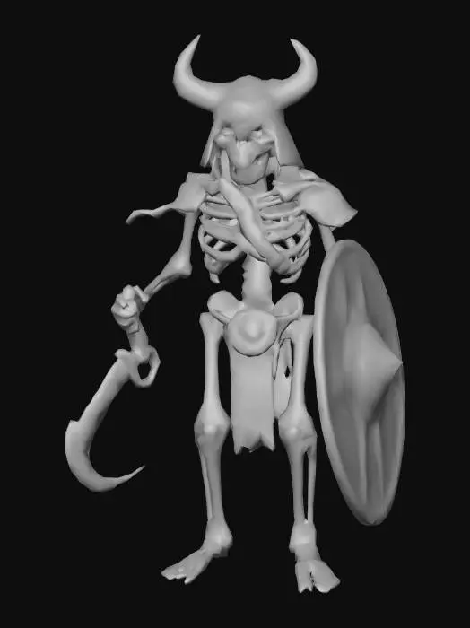 3D model for A living skeleton with glowing red eyes, wielding a cutlass and shield, wearing a loin cloth held up by a large cowboy belt buckle and light leather armor over his shoulders. Wearing slightly oversized brown Ugg boots and Viking helmet with horns. Give him pirate vibes!