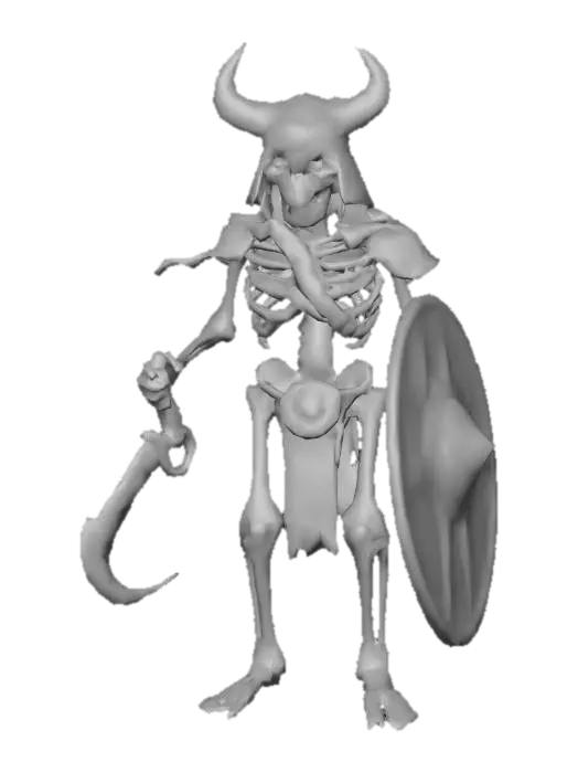3D model for A living skeleton with glowing red eyes, wielding a cutlass and shield, wearing a loin cloth held up by a large cowboy belt buckle and light leather armor over his shoulders. Wearing slightly oversized brown Ugg boots and Viking helmet with horns. Give him pirate vibes!