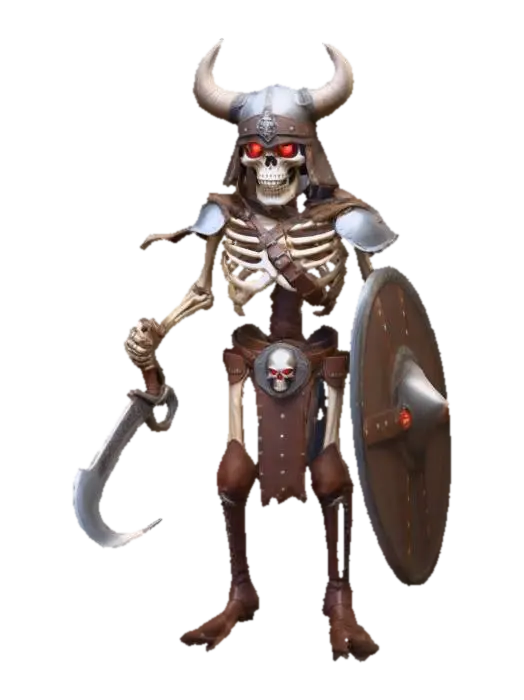 3D model for A living skeleton with glowing red eyes, wielding a cutlass and shield, wearing a loin cloth held up by a large cowboy belt buckle and light leather armor over his shoulders. Wearing slightly oversized brown Ugg boots and Viking helmet with horns. Give him pirate vibes!
