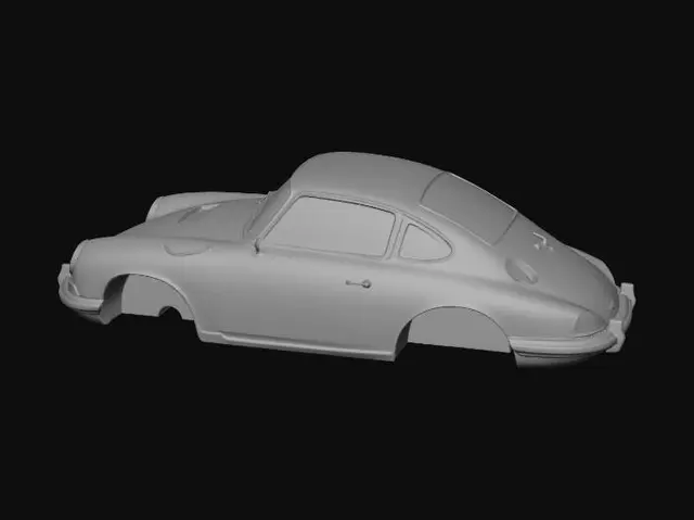3D model for Stylized low-poly 3D render of a vintage 1967 Porsche 911 Coupe, student-level quality, shown without its wheels. The vehicle body is supported by a simple, low-poly stack of dark gray blocks, making it look as if it's being worked on. Clearly visible flat polygons and angular edges form the body, with minimalist texture mapping and a matte Irish Green finish. Basic circular headlights and a simplified chrome bumper are present. Empty wheel wells, a very basic interior, and tinted windows. Dark gray studio background with a rough, sculpted low-poly ground texture, soft directional lighting to emphasize the model's angular structure.