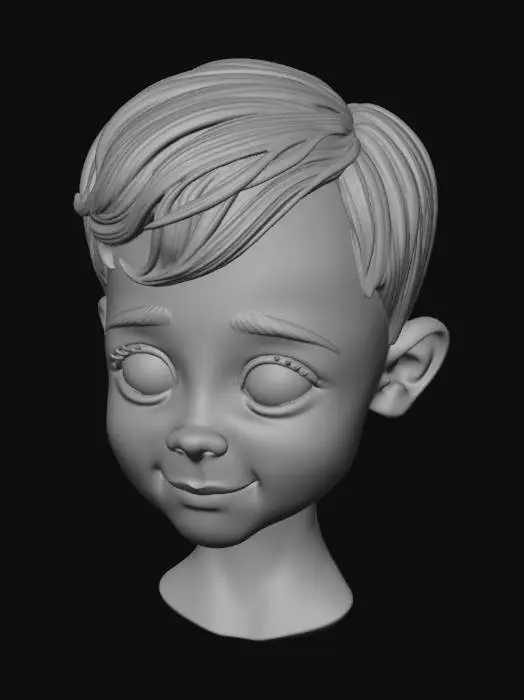 3D model for “3D stylized realistic head of a small child boy, age 5-7, soft round face, large innocent eyes, smooth skin, short natural hair, subtle smile, balanced facial proportions, highly detailed face sculpt, clean topology, neutral expression, studio lighting, realistic textures, front facing, optimized for 3D character modeling”