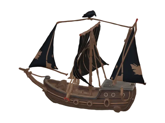 3D model for ramshackle small pirate sloop with crow figurehead, patched black-brown sails, weathered planks, stylized game asset