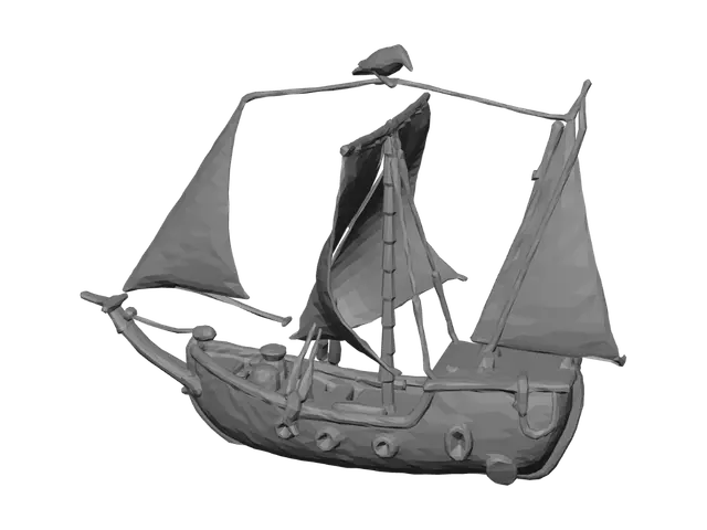 3D model for ramshackle small pirate sloop with crow figurehead, patched black-brown sails, weathered planks, stylized game asset