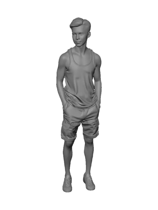 3D model for a skinny young adult asian male in a white tank top and baggy shorts