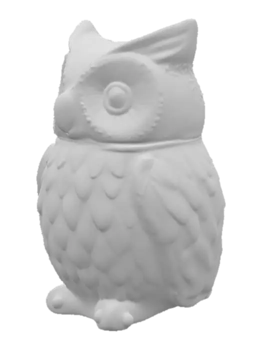 3D model for A charming, small trinket jar is meticulously crafted to resemble a plump owl. Made from smooth, glazed ceramic, its surface is cool and hard to the touch, painted in warm, earthy tones of brown and cream, with distinct feathery patterns. The owl's head is a separate piece, serving as the lid, designed to fit snugly onto the hollow body, creating a seamless appearance when closed. Its large, round eyes give it a wise, whimsical expression.