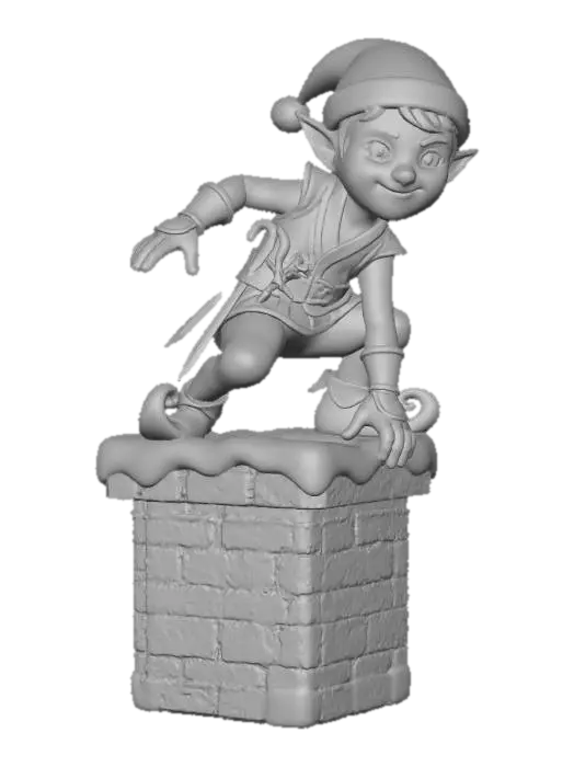 3D model for #Christmas2025#,  a Christmas elf ninja perches on a chimney, his ninja outfit is Christmas  colored festive colors  red, green,  white with curly elf shoes and a Christmas  hat, twin sharpened candy canes hand at his belt next to his Christmas star ninja stars, all on a white background