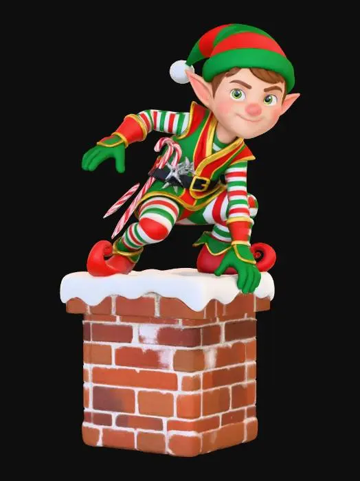 3D model for #Christmas2025#,  a Christmas elf ninja perches on a chimney, his ninja outfit is Christmas  colored festive colors  red, green,  white with curly elf shoes and a Christmas  hat, twin sharpened candy canes hand at his belt next to his Christmas star ninja stars, all on a white background