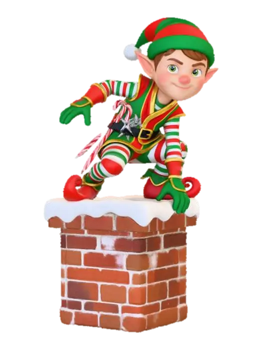 3D model for #Christmas2025#,  a Christmas elf ninja perches on a chimney, his ninja outfit is Christmas  colored festive colors  red, green,  white with curly elf shoes and a Christmas  hat, twin sharpened candy canes hand at his belt next to his Christmas star ninja stars, all on a white background