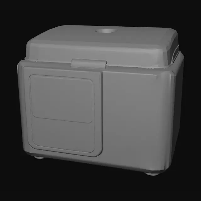 3D model for PCR thermal cycler for DNA amplification. Compact rectangular box, 40x40x25cm. Light gray matte plastic housing with rounded edges. Hinged top lid opens to show 96-well heating block inside. Front panel has small LCD screen, membrane buttons, LED indicators. Sleek modern medical device look like Bio-Rad T100. Dark tinted lid window. Black rubber feet. No cables or tubes.