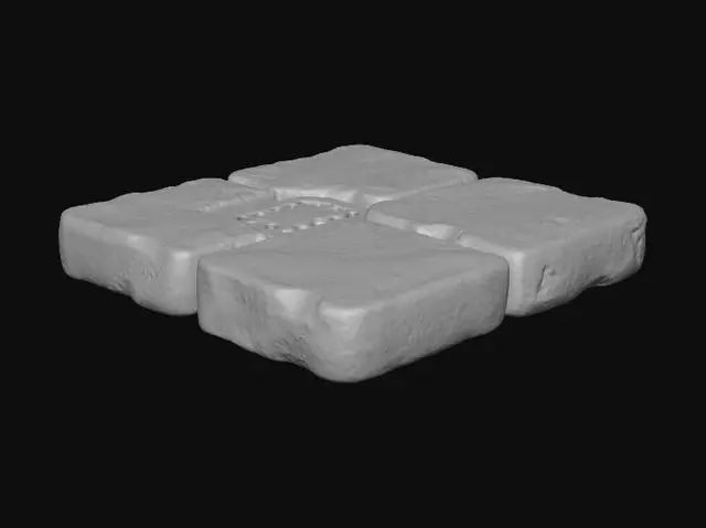 3D model for Old, worn, damaged 1 foot by 1 foot  square of side walk with a bit of manhole visible in the top right corner.
