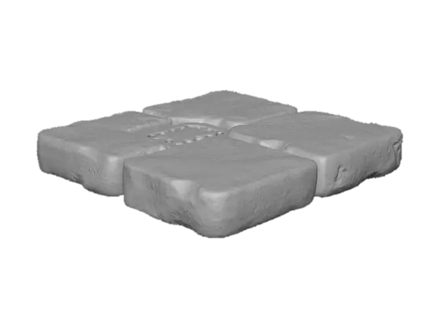 3D model for Old, worn, damaged 1 foot by 1 foot  square of side walk with a bit of manhole visible in the top right corner.