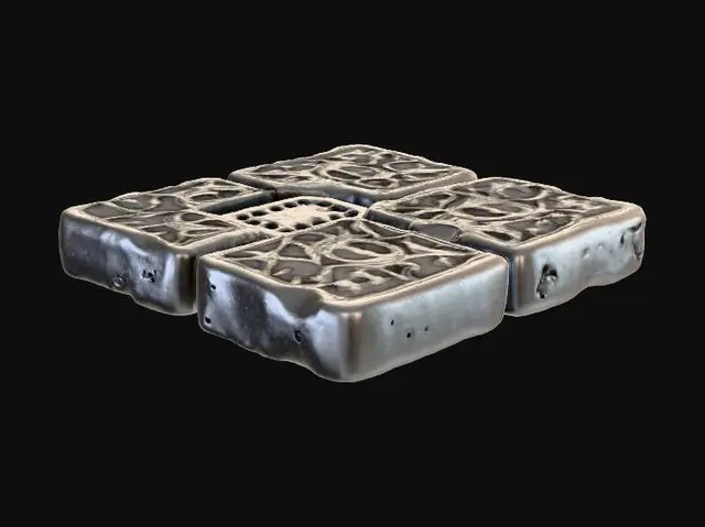 3D model for Old, worn, damaged 1 foot by 1 foot  square of side walk with a bit of manhole visible in the top right corner.
