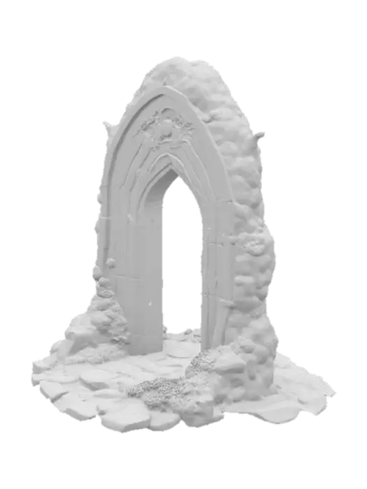 3D model for Ancient Norse stone archway, 3m tall and 2.5m wide, made of aged gray granite with mossy green and white veins. Surface weathered and cracked, partially eroded edges, base covered in moss, roots, and lichens. Deeply carved Nordic runes glow faintly with bluish-white mystical light, some repaired with subtle silver inlays. Decorative carvings of intertwined serpents, ravens, and Yggdrasil-like branches across the arch. Texture mix of rough stone and semi-polished areas near runes. A mystical aura surrounds it, slightly glowing. Top of arch is domed, with a central eye-shaped hole for celestial alignment. Feels sacred, forgotten, and ancient. Norse mythology, fantasy ruins, arcane relic, soft magical ambience, worn stone. Mystical portal-like atmosphere, mysterious and reverent presence.
