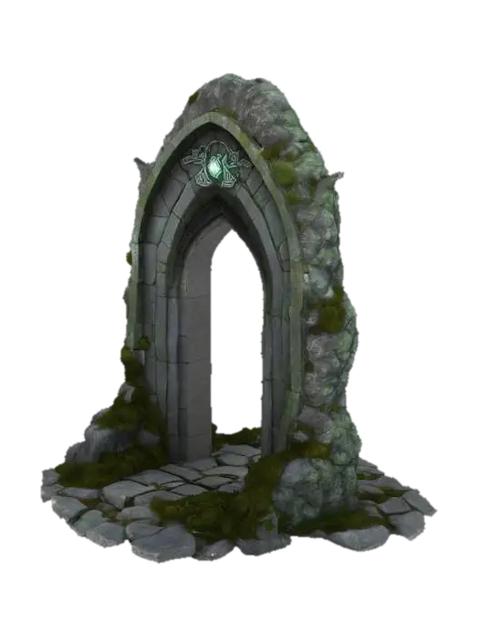 3D model for Ancient Norse stone archway, 3m tall and 2.5m wide, made of aged gray granite with mossy green and white veins. Surface weathered and cracked, partially eroded edges, base covered in moss, roots, and lichens. Deeply carved Nordic runes glow faintly with bluish-white mystical light, some repaired with subtle silver inlays. Decorative carvings of intertwined serpents, ravens, and Yggdrasil-like branches across the arch. Texture mix of rough stone and semi-polished areas near runes. A mystical aura surrounds it, slightly glowing. Top of arch is domed, with a central eye-shaped hole for celestial alignment. Feels sacred, forgotten, and ancient. Norse mythology, fantasy ruins, arcane relic, soft magical ambience, worn stone. Mystical portal-like atmosphere, mysterious and reverent presence.