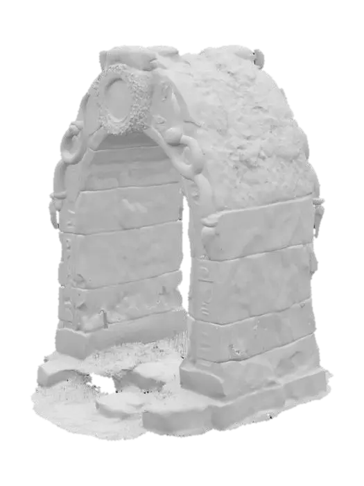 3D model for Ancient Norse stone archway, 3m tall and 2.5m wide, made of aged gray granite with mossy green and white veins. Surface weathered and cracked, partially eroded edges, base covered in moss, roots, and lichens. Deeply carved Nordic runes glow faintly with bluish-white mystical light, some repaired with subtle silver inlays. Decorative carvings of intertwined serpents, ravens, and Yggdrasil-like branches across the arch. Texture mix of rough stone and semi-polished areas near runes. A mystical aura surrounds it, slightly glowing. Top of arch is domed, with a central eye-shaped hole for celestial alignment. Feels sacred, forgotten, and ancient. Norse mythology, fantasy ruins, arcane relic, soft magical ambience, worn stone. Mystical portal-like atmosphere, mysterious and reverent presence.