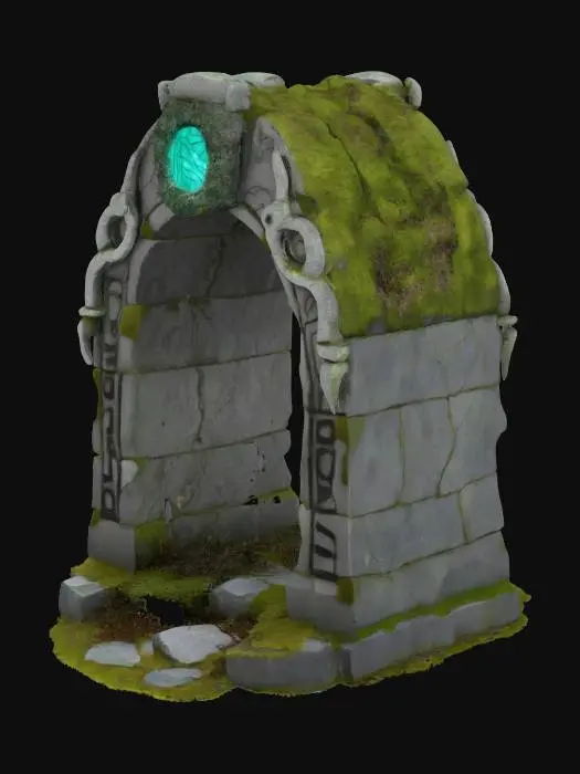 3D model for Ancient Norse stone archway, 3m tall and 2.5m wide, made of aged gray granite with mossy green and white veins. Surface weathered and cracked, partially eroded edges, base covered in moss, roots, and lichens. Deeply carved Nordic runes glow faintly with bluish-white mystical light, some repaired with subtle silver inlays. Decorative carvings of intertwined serpents, ravens, and Yggdrasil-like branches across the arch. Texture mix of rough stone and semi-polished areas near runes. A mystical aura surrounds it, slightly glowing. Top of arch is domed, with a central eye-shaped hole for celestial alignment. Feels sacred, forgotten, and ancient. Norse mythology, fantasy ruins, arcane relic, soft magical ambience, worn stone. Mystical portal-like atmosphere, mysterious and reverent presence.