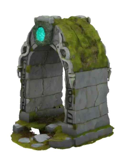 3D model for Ancient Norse stone archway, 3m tall and 2.5m wide, made of aged gray granite with mossy green and white veins. Surface weathered and cracked, partially eroded edges, base covered in moss, roots, and lichens. Deeply carved Nordic runes glow faintly with bluish-white mystical light, some repaired with subtle silver inlays. Decorative carvings of intertwined serpents, ravens, and Yggdrasil-like branches across the arch. Texture mix of rough stone and semi-polished areas near runes. A mystical aura surrounds it, slightly glowing. Top of arch is domed, with a central eye-shaped hole for celestial alignment. Feels sacred, forgotten, and ancient. Norse mythology, fantasy ruins, arcane relic, soft magical ambience, worn stone. Mystical portal-like atmosphere, mysterious and reverent presence.