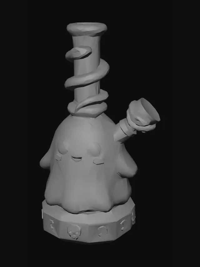 3D model for A beautiful bong blending kawaii pastel goth and stoner vibes. The main chamber is shaped like a chubby, smiling kawaii ghost made of iridescent lavender glass with rosy cheeks and glossy black anime eyes. The base is thick black obsidian crystal carved with tiny silver crescent moons and pastel pink skulls. The neck of the bong is wrapped in a pastel pink sculpted snake.