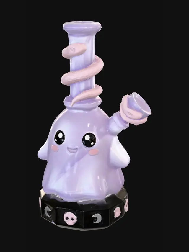 3D model for A beautiful bong blending kawaii pastel goth and stoner vibes. The main chamber is shaped like a chubby, smiling kawaii ghost made of iridescent lavender glass with rosy cheeks and glossy black anime eyes. The base is thick black obsidian crystal carved with tiny silver crescent moons and pastel pink skulls. The neck of the bong is wrapped in a pastel pink sculpted snake.