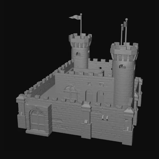 3D model for A medieval castle in Minecraft style, voxel art, 3D pixel art style, made of gray stone blocks and wooden planks, featuring big square watchtowers, crenellated walls, a main keep, detailed blocky textures, modular cubic design, solid white background, 3d asset, isometric view --style stylized