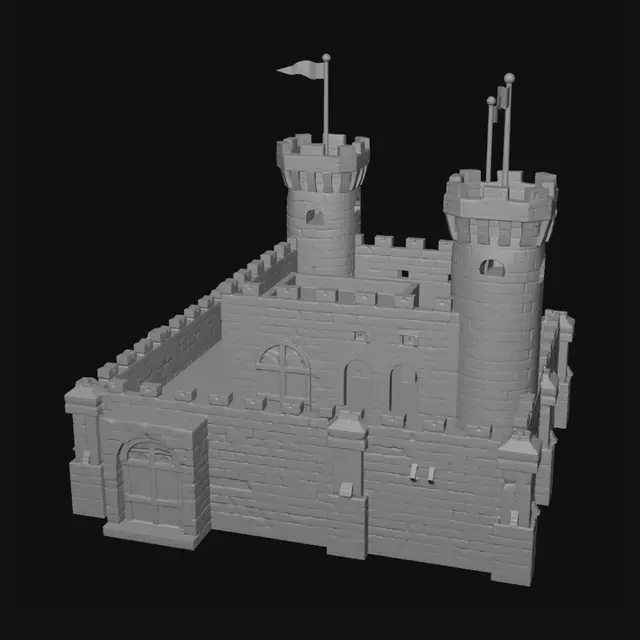 3D model for A medieval castle in Minecraft style, voxel art, 3D pixel art style, made of gray stone blocks and wooden planks, featuring big square watchtowers, crenellated walls, a main keep, detailed blocky textures, modular cubic design, solid white background, 3d asset, isometric view --style stylized