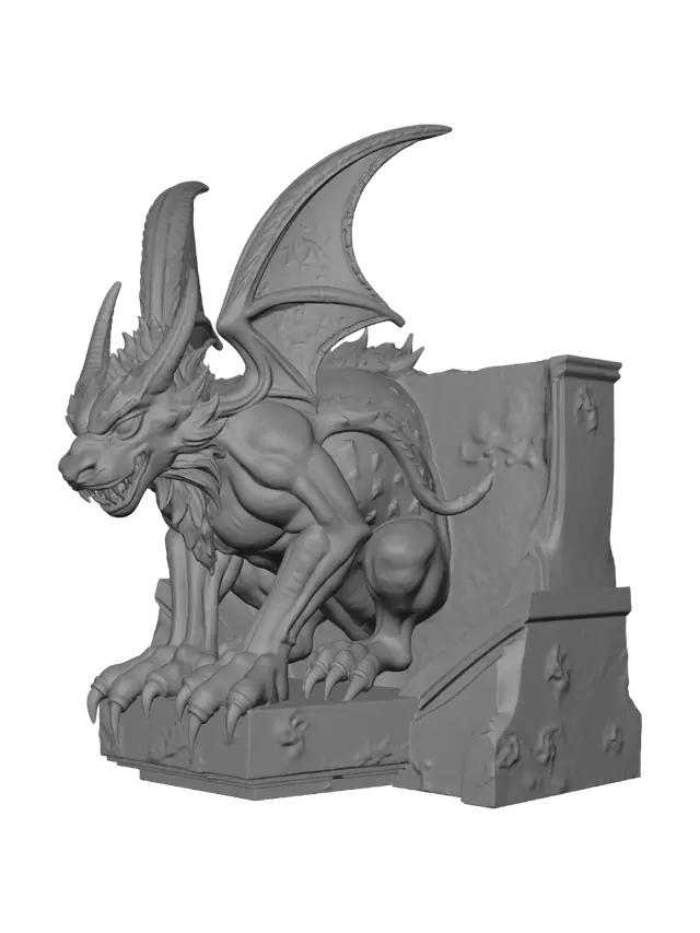 3D model for An ornate Gothic gargoyle, carved from dark grey granite, featuring intricate details of a winged beast with a scaly texture and sharp claws. Its rough, ancient stone surface is slightly moss-kissed in the crevices, indicating centuries of exposure, with a weathered, muted charcoal color throughout, suggesting a protective architectural element.