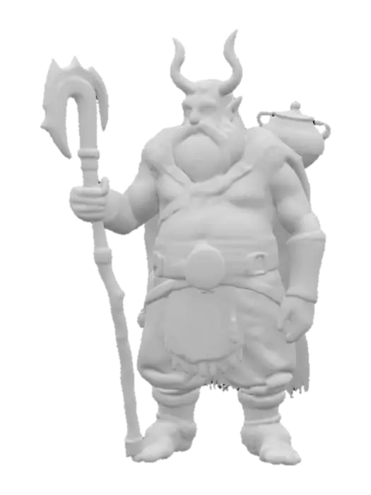 3D model for [Ireland] A stylized 3D figure of the Dagda, god of abundance and strength. He carries a large ornate club and a cauldron slung over his shoulder. His design is large, friendly but imposing, with Celtic knotwork tattoos and a thick cloak of moss and furs. Clean, simplified, and slightly cartoonish in style. #AroundTheWorld#