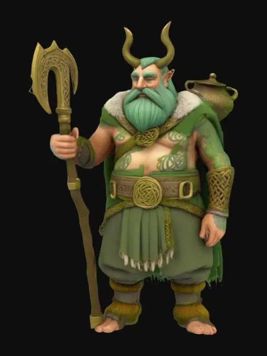 3D model for [Ireland] A stylized 3D figure of the Dagda, god of abundance and strength. He carries a large ornate club and a cauldron slung over his shoulder. His design is large, friendly but imposing, with Celtic knotwork tattoos and a thick cloak of moss and furs. Clean, simplified, and slightly cartoonish in style. #AroundTheWorld#