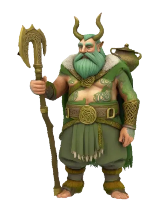3D model for [Ireland] A stylized 3D figure of the Dagda, god of abundance and strength. He carries a large ornate club and a cauldron slung over his shoulder. His design is large, friendly but imposing, with Celtic knotwork tattoos and a thick cloak of moss and furs. Clean, simplified, and slightly cartoonish in style. #AroundTheWorld#