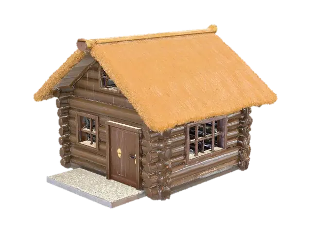 a simple wooden log farm house. one story with a low pitch straw roof. tiny sindows.… 3D model, vytvořený pomocí AI
