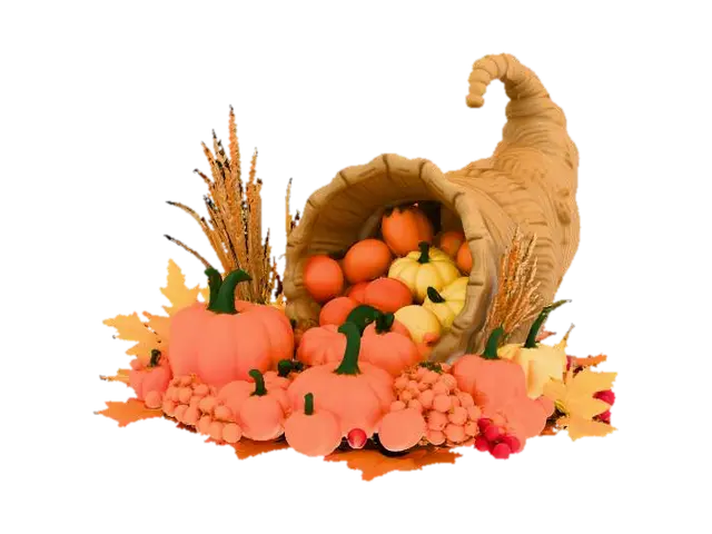 cornucopia filled and decorated with gourds, pumpkins, corn stalks. fruits such… 3D model, vytvořený pomocí AI