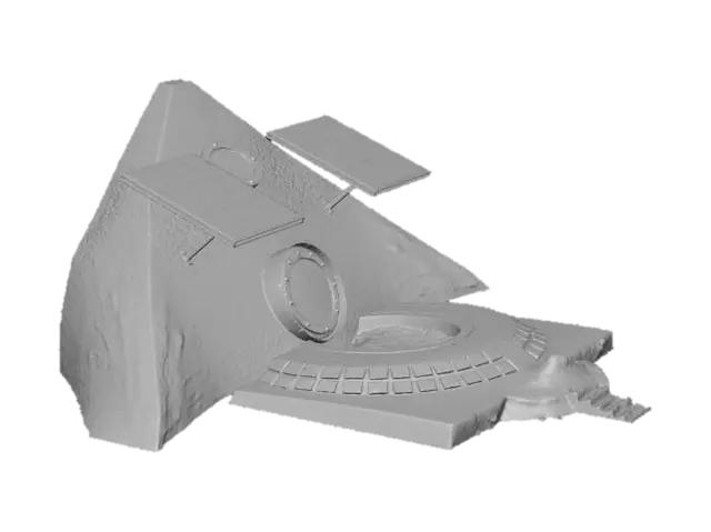 3D model for 3D render, exterior view of a buried pyramid habitat on Mars. Only top third visible
above red-orange dusty surface. Dark sintered regolith texture, circular airlock
hatch at the tip, two flat solar panels deployed nearby. Subtle horizontal seam
lines on exposed surface. Martian sunset lighting, reddish sky, long shadows,
cinematic low angle. Photorealistic sci-fi concept art, ultra detailed. --ar 16:9